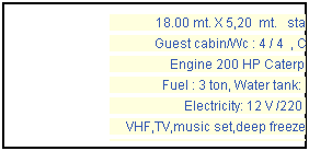 Casella di testo: 18.00 mt. X 5,20 mt. standard
Guest cabin/Wc : 4 / 4 , Crew: 2
Engine 200 HP Caterpillar
Fuel : 3 ton, Water tank: 6 ton
Electricity: 12 V /220 V
VHF,TV,music set,deep freezer,generator
refrigerator, windsurf & fishing gear,
tender boat. Year 1997