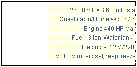 Casella di testo: 26.00 mt. X 6,60  mt.  standard
Guest cabin/Home Wc : 6 / 6  , Crew: 3
Engine 440 HP Man
Fuel : 3 ton, Water tank: 7 ton
Electricity: 12 V /220 V
VHF,TV music set,deep freezer,generator
refrigerator, windsurf & fishing gear,
 tender boat.  Year  2003
 
 
 
